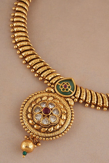 Shop_Smars Jewelry_Gold Plated Stones, Beads Rajwadi Antique Pendant Necklace Set _Online_at_Aza_Fashions