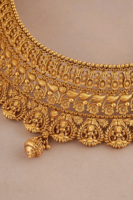 Buy_Smars Jewelry_Gold Plated Beads Maa Laksmi Intricate Carved Antique Choker Set _Online_at_Aza_Fashions