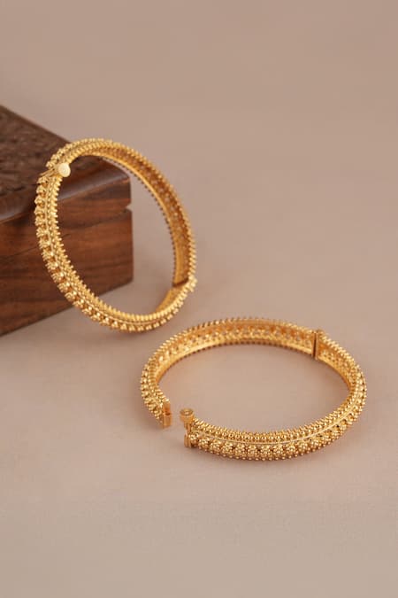 Smars Jewelry_Gold Plated Beads, Embroidery Antique Floral Carved Pair Of Bangles _Online_at_Aza_Fashions