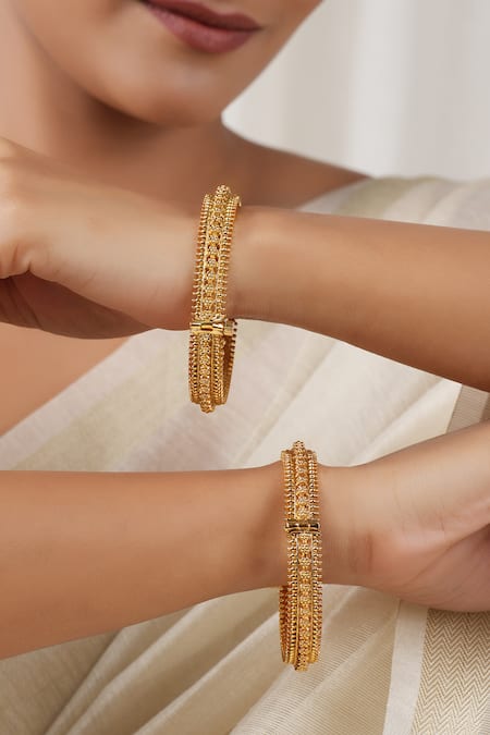 Shop_Smars Jewelry_Gold Plated Beads, Embroidery Antique Floral Carved Pair Of Bangles _Online_at_Aza_Fashions