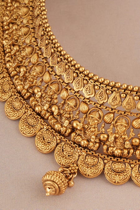 Smars Jewelry_Gold Plated Maa Laksmi Intricate Carved Antique Choker Set _at_Aza_Fashions