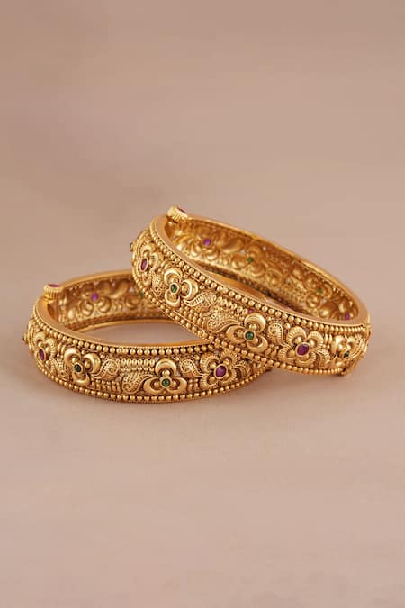 Smars Jewelry_Gold Plated Stones, Beads Antique Floral Carved Pair Of Bangles _Online_at_Aza_Fashions