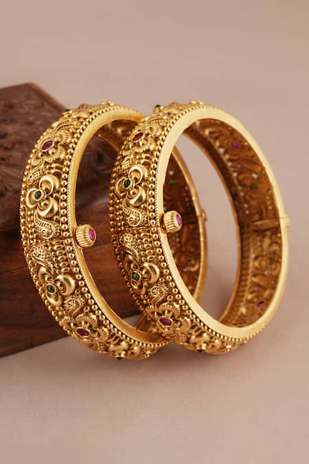 Buy_Smars Jewelry_Gold Plated Stones, Beads Antique Floral Carved Pair Of Bangles _Online_at_Aza_Fashions