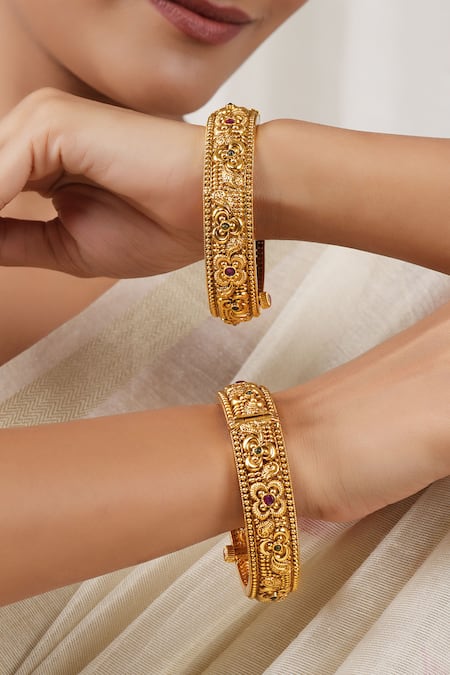 Shop_Smars Jewelry_Gold Plated Stones, Beads Antique Floral Carved Pair Of Bangles _Online_at_Aza_Fashions