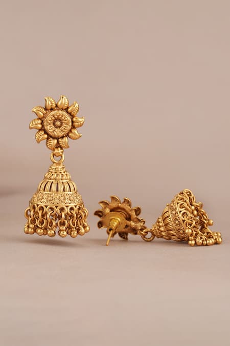 Smars Jewelry_Gold Plated Antique Carved Pendant Necklace And Jhumkas Set _Online_at_Aza_Fashions