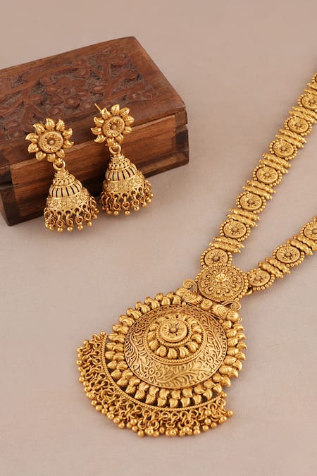 Shop_Smars Jewelry_Gold Plated Antique Carved Pendant Necklace And Jhumkas Set _Online_at_Aza_Fashions