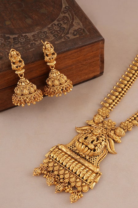 Shop_Smars Jewelry_Gold Plated Beads Maa Laksmi Carved Antique Pendant Necklace Set _Online_at_Aza_Fashions