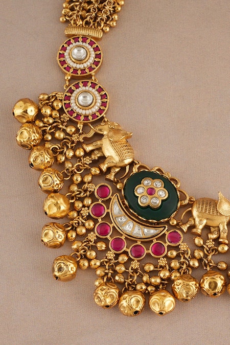 Shop_Smars Jewelry_Multi Color Stones, Pearls Elephant Carved Antique Rajwadi Choker Set _Online_at_Aza_Fashions
