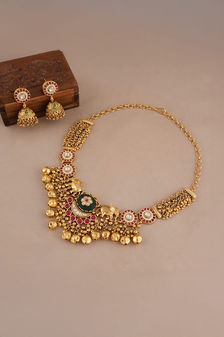 Smars Jewelry Elephant Carved Antique Rajwadi Choker Set 