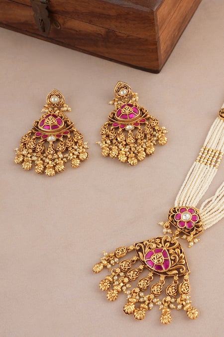 Shop_Smars Jewelry_Gold Plated Pearls, Stones Antique Rajwadi Necklace Set _Online_at_Aza_Fashions