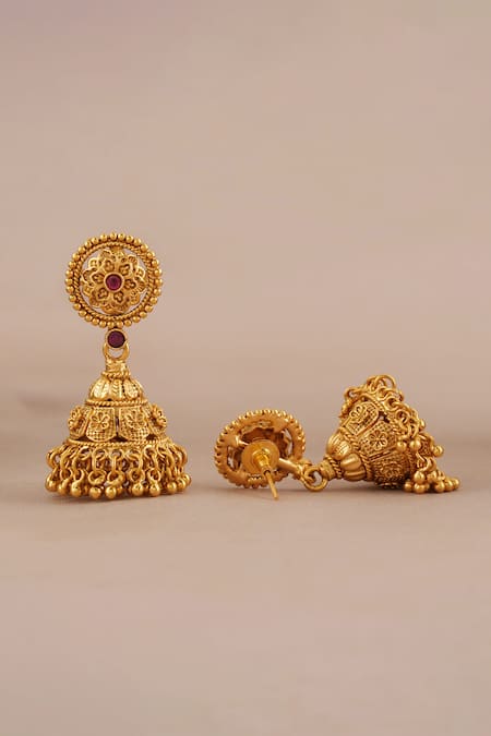 Smars Jewelry_Gold Plated Stones Antique Floral Carved Long Pendant Necklace Set _Online_at_Aza_Fashions