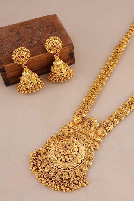 Shop_Smars Jewelry_Gold Plated Stones Antique Floral Carved Long Pendant Necklace Set _Online_at_Aza_Fashions