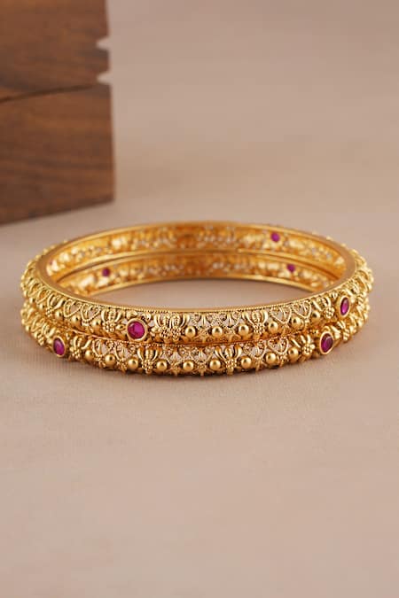 Buy_Smars Jewelry_Gold Plated Stones, Gemstones, Rhinestones Antique Ruby Studded Pair Of Bangles _Online_at_Aza_Fashions