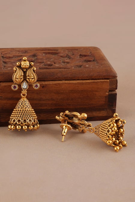 Smars Jewelry_Gold Plated Stones, Beads Antique Paisley Carved Choker And Jhumkas Set _Online_at_Aza_Fashions