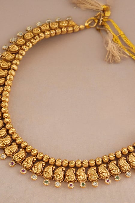 Buy_Smars Jewelry_Gold Plated Stones, Beads Antique Paisley Carved Choker And Jhumkas Set _Online_at_Aza_Fashions