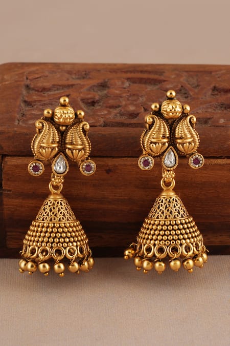 Shop_Smars Jewelry_Gold Plated Stones, Beads Antique Paisley Carved Choker And Jhumkas Set _Online_at_Aza_Fashions