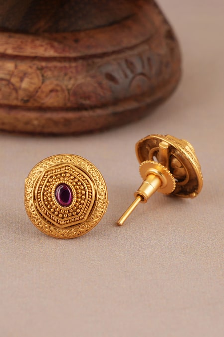 Smars Jewelry_Gold Plated Stones Antique Round Carved Pendant Necklace Set _Online_at_Aza_Fashions