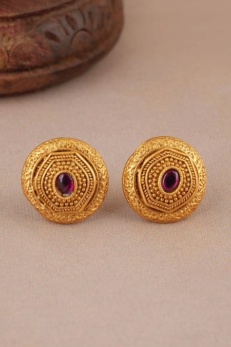 Buy_Smars Jewelry_Gold Plated Stones Antique Round Carved Pendant Necklace Set _Online_at_Aza_Fashions