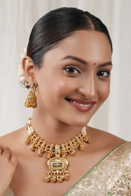 Smars Jewelry Rajwadi Antique Carved Kundan Pendant Necklace Set 