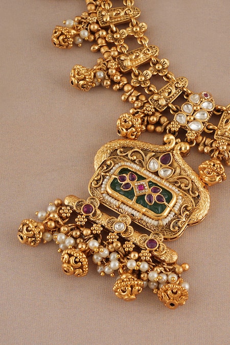 Shop_Smars Jewelry_Gold Plated Pearls, Stones Rajwadi Antique Carved Kundan Pendant Necklace Set _Online_at_Aza_Fashions