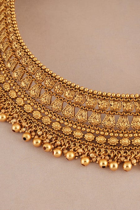 Smars Jewelry_Gold Plated Beads Antique Carved Traditional Choker Necklace Set _Online_at_Aza_Fashions