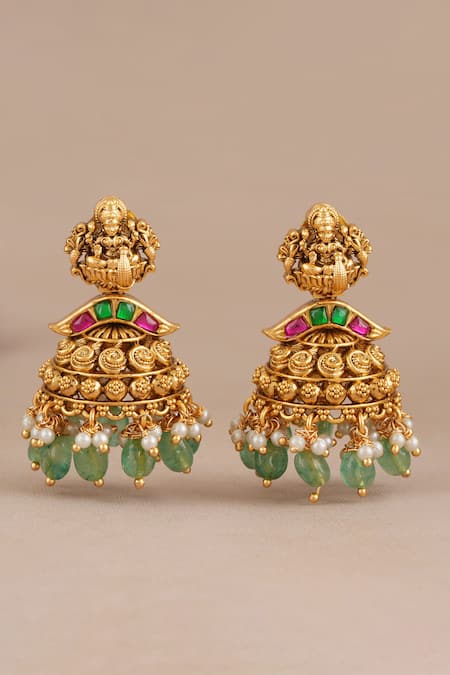 Buy_Smars Jewelry_Gold Plated Stones, Pearls Maa Lakshmi Carved Antique Temple Necklace Set _Online_at_Aza_Fashions