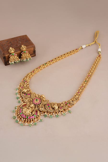 Smars Jewelry Maa Lakshmi Carved Antique Temple Necklace Set 