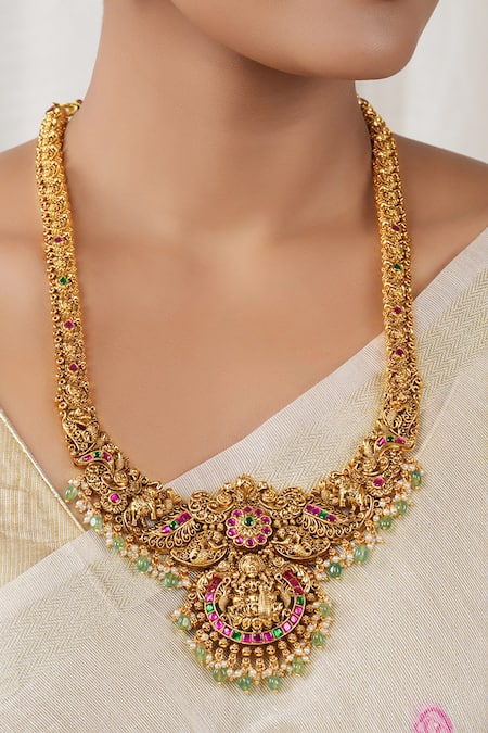 Shop_Smars Jewelry_Gold Plated Stones, Pearls Maa Lakshmi Carved Antique Temple Necklace Set _Online_at_Aza_Fashions