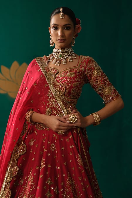 Niloufer By Aasif Ally_Red Silk Embroidery, Stones, Zari Zardozi Handwork Bridal Lehenga Set _Online_at_Aza_Fashions