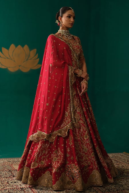 Buy_Niloufer By Aasif Ally_Red Silk Embroidery, Stones, Zari Zardozi Handwork Bridal Lehenga Set _Online_at_Aza_Fashions