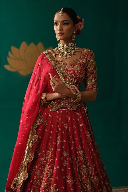 Shop_Niloufer By Aasif Ally_Red Silk Embroidery, Stones, Zari Zardozi Handwork Bridal Lehenga Set _Online_at_Aza_Fashions
