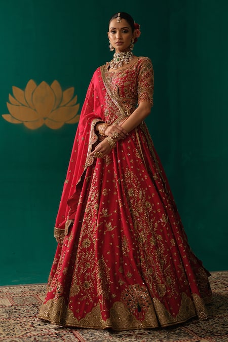Niloufer By Aasif Ally_Red Silk Embroidery, Stones, Zari Zardozi Handwork Bridal Lehenga Set _at_Aza_Fashions