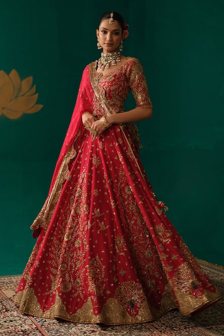 Buy_Niloufer By Aasif Ally_Red Silk Embroidery, Stones, Zari Zardozi Handwork Bridal Lehenga Set 