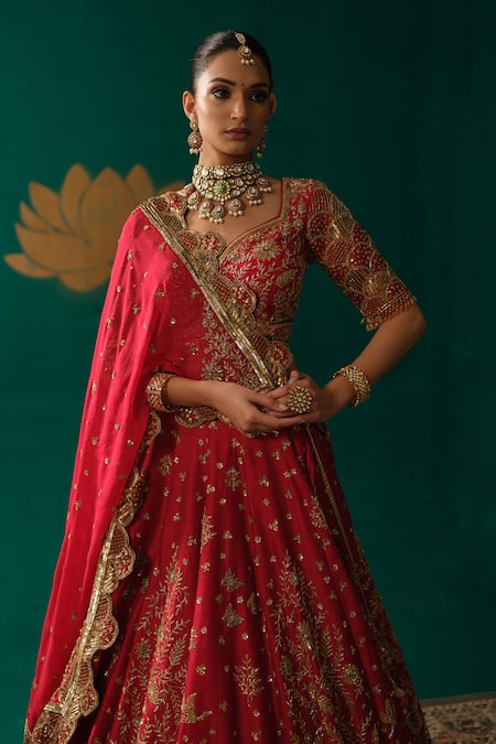 Shop_Niloufer By Aasif Ally_Red Silk Embroidery, Stones, Zari Zardozi Handwork Bridal Lehenga Set 