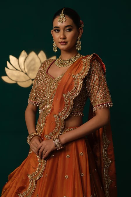 Niloufer By Aasif Ally_Orange Tissue, Shantoon Beads, Sequins, Zari, Zardozi And Handwork Lehenga Set _Online_at_Aza_Fashions
