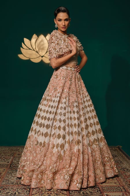 Shop Niloufer By Aasif Ally Gold Tissue Sequins, Metallic Thread, Embroidery, Hand Work Cape And Lehenga Set Online at Aza Fashions Shop_Niloufer By Aasif Ally_Gold Tissue Sequins, Metallic Thread, Embroidery, Hand Work Cape And Lehenga Set _Online_at_Aza_Fashions