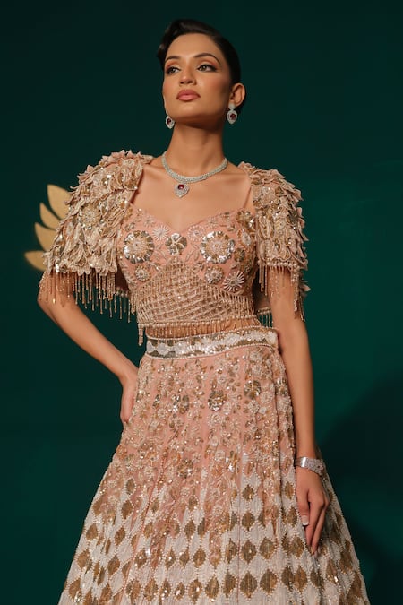 Niloufer By Aasif Ally Gold Tissue Sequins, Metallic Thread, Embroidery, Hand Work Cape And Lehenga Set at Aza Fashions Niloufer By Aasif Ally_Gold Tissue Sequins, Metallic Thread, Embroidery, Hand Work Cape And Lehenga Set _at_Aza_Fashions