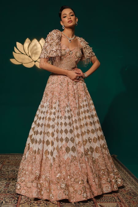 Shop Niloufer By Aasif Ally Gold Tissue Sequins, Metallic Thread, Embroidery, Hand Work Cape And Lehenga Set Shop_Niloufer By Aasif Ally_Gold Tissue Sequins, Metallic Thread, Embroidery, Hand Work Cape And Lehenga Set