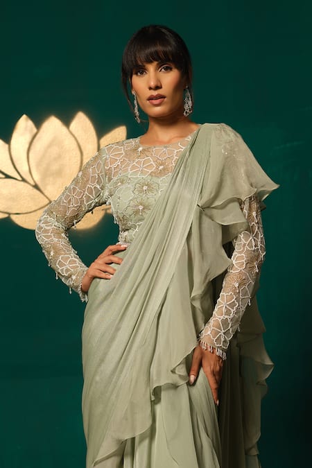 Niloufer By Aasif Ally Pre-Draped Ruffle Saree with Pearl Work Blouse 