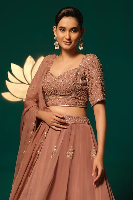 Niloufer By Aasif Ally_Brown Chinon, Tissue Sequins, Embroidery, Stones Sweetheart Butta Lehenga Set _Online_at_Aza_Fashions