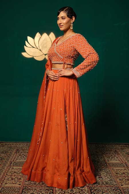 Shop_Niloufer By Aasif Ally_Orange Chinon, Tissue Sequins, Stones, Beads V-neck Hand Work Blouse Lehenga Set _Online_at_Aza_Fashions