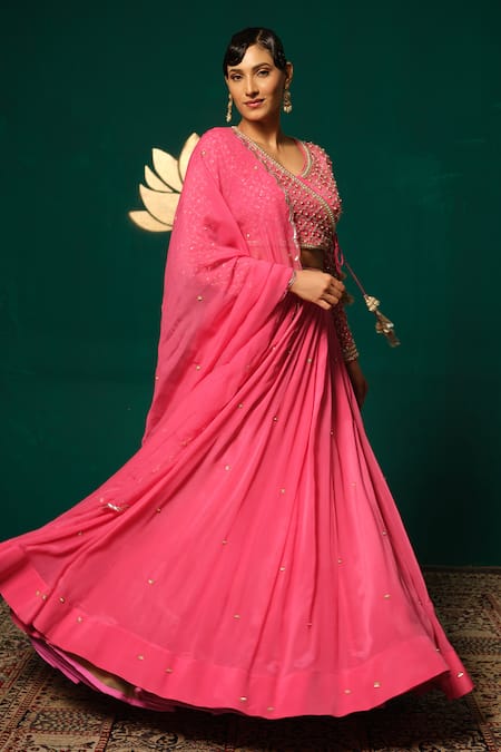 Niloufer By Aasif Ally_Pink Chinon, Tissue Sequins, Stones, Gota Patti Hand Work Blouse Lehenga Set _Online_at_Aza_Fashions