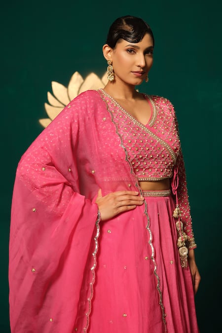 Buy_Niloufer By Aasif Ally_Pink Chinon, Tissue Sequins, Stones, Gota Patti Hand Work Blouse Lehenga Set _Online_at_Aza_Fashions