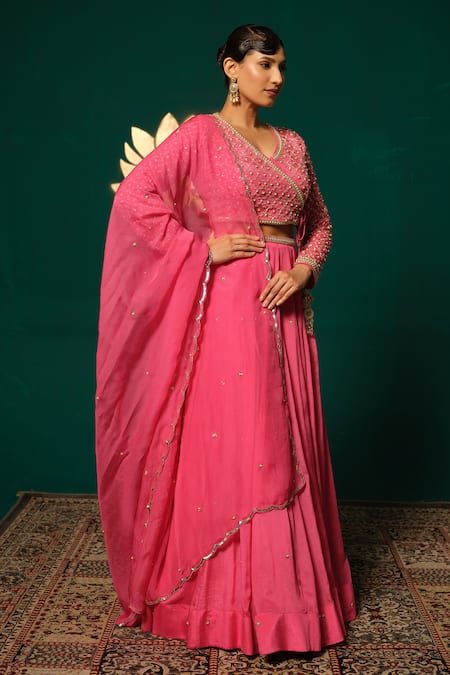 Shop_Niloufer By Aasif Ally_Pink Chinon, Tissue Sequins, Stones, Gota Patti Hand Work Blouse Lehenga Set _Online_at_Aza_Fashions