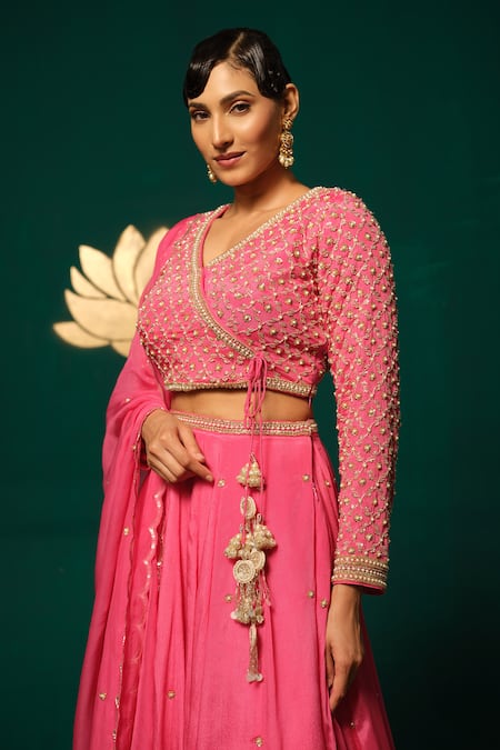 Buy_Niloufer By Aasif Ally_Pink Chinon, Tissue Sequins, Stones, Gota Patti Hand Work Blouse Lehenga Set 