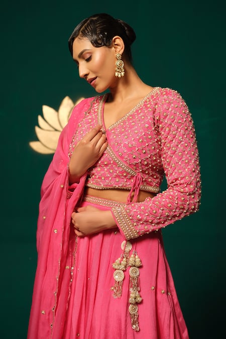 Shop_Niloufer By Aasif Ally_Pink Chinon, Tissue Sequins, Stones, Gota Patti Hand Work Blouse Lehenga Set 