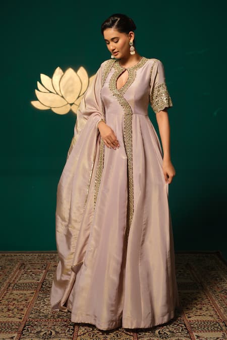 Niloufer By Aasif Ally_Purple Tissue Zari, Mirrors, Sequins Keyhole Embroidered Anarkali With Dupatta _Online_at_Aza_Fashions