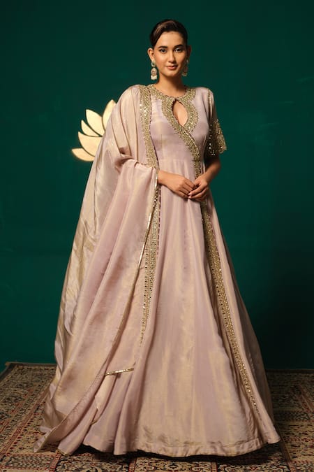 Buy_Niloufer By Aasif Ally_Purple Tissue Zari, Mirrors, Sequins Keyhole Embroidered Anarkali With Dupatta _Online_at_Aza_Fashions