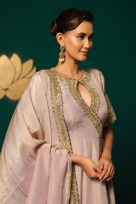 Shop_Niloufer By Aasif Ally_Purple Tissue Zari, Mirrors, Sequins Keyhole Embroidered Anarkali With Dupatta _Online_at_Aza_Fashions