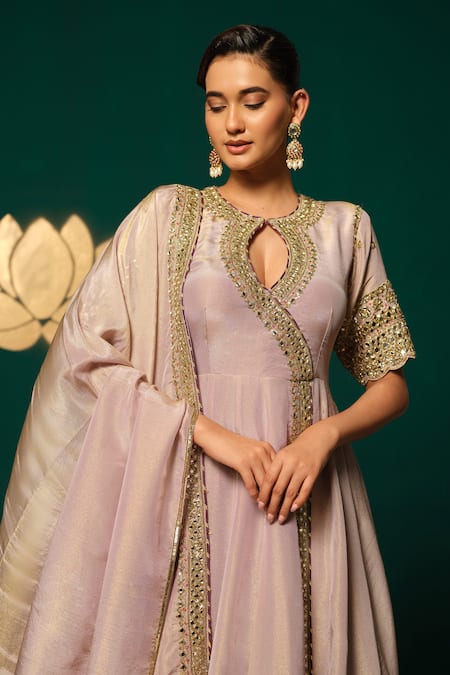 Shop_Niloufer By Aasif Ally_Purple Tissue Zari, Mirrors, Sequins Keyhole Embroidered Anarkali With Dupatta 